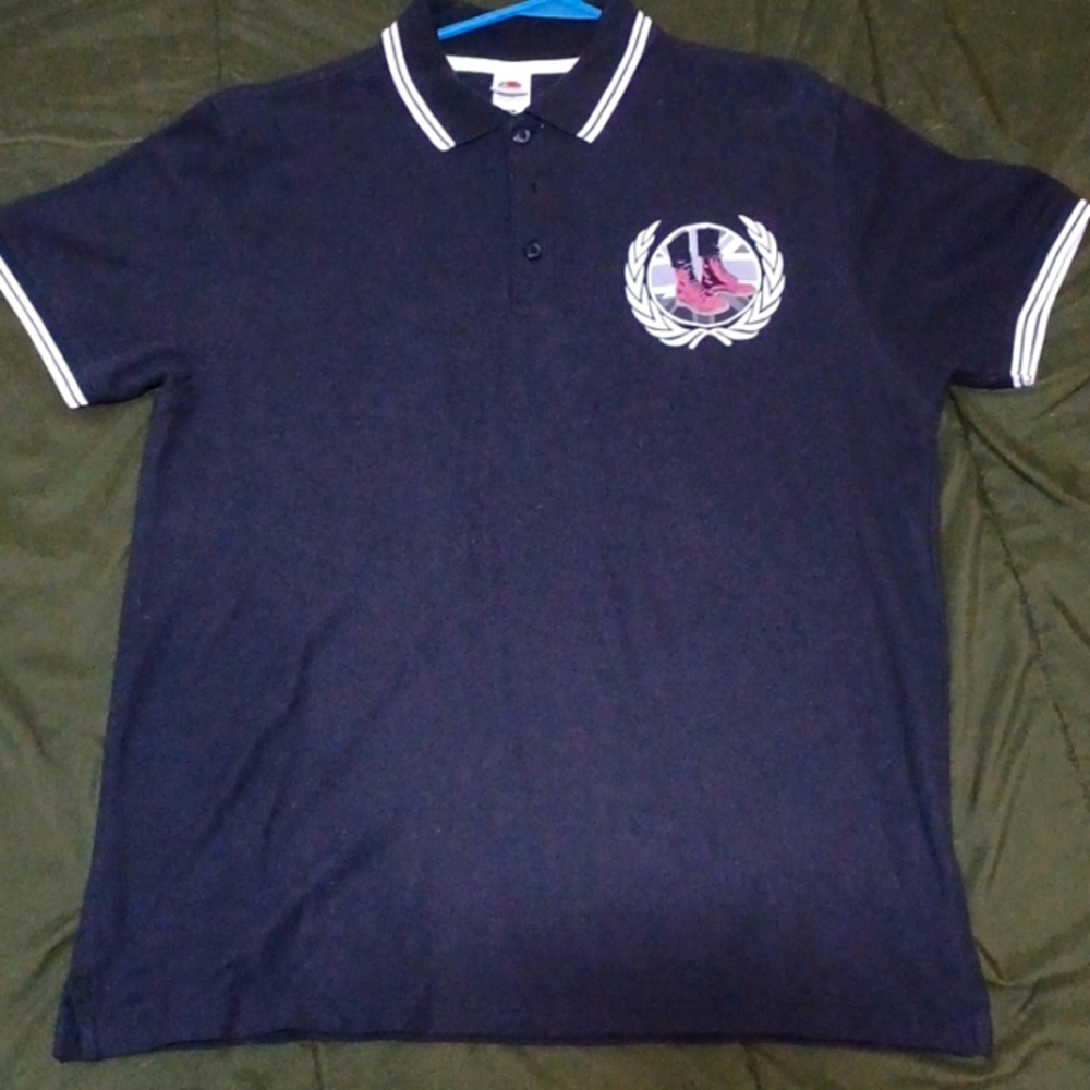 Skinhead style poll shirt. Black, white trim, skinhead laurels